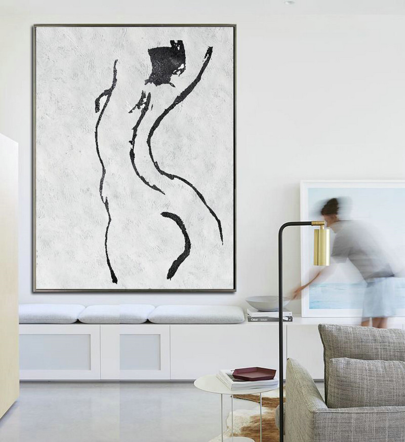 Hand Painted Abstract Art,Black And White Minimal Painting On Canvas - Giant Canvas Wall Art